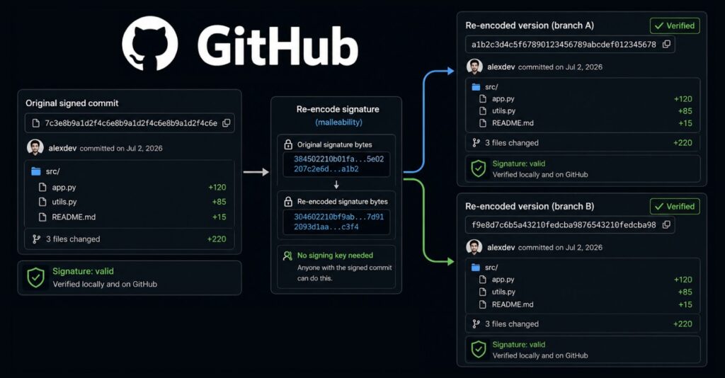 Las confirmaciones «verificadas» de GitHub se pueden reescribir con nuevos hashes sin romper la firma.